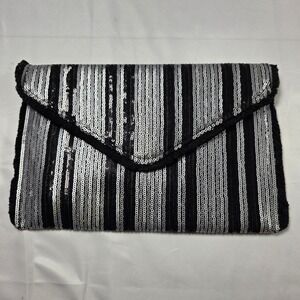 SAM FOREVER Sequin Envelope Clutch Black Silver Striped Evening Bag with Chain